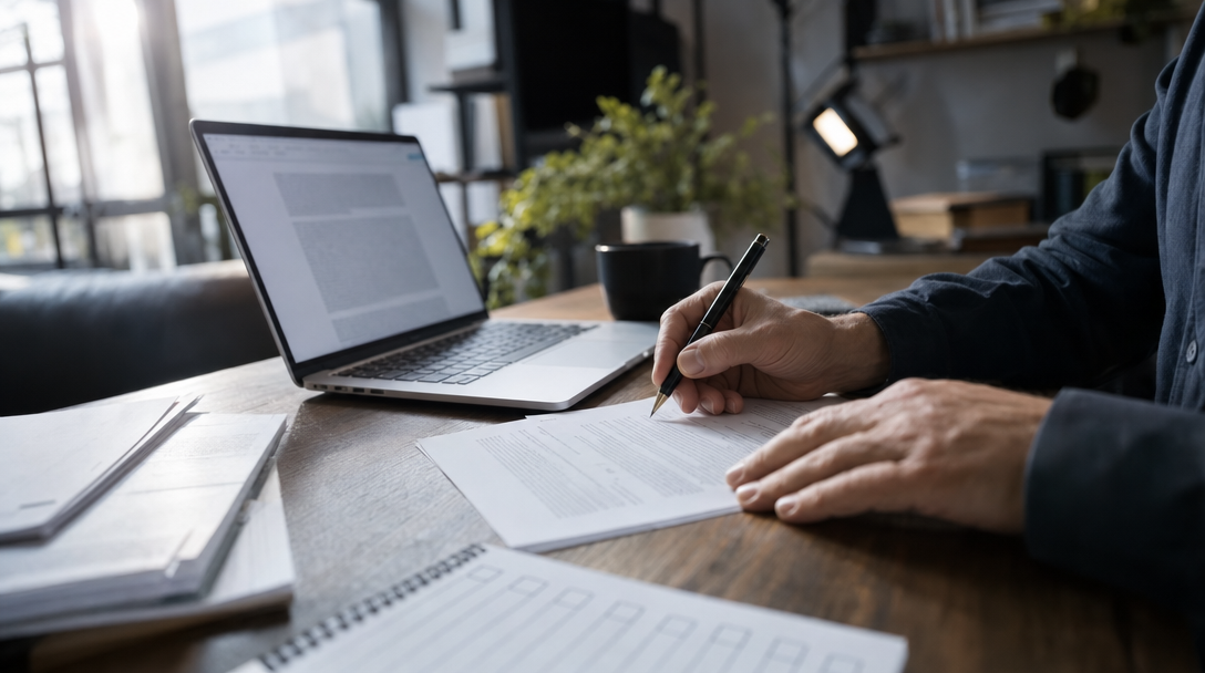 Person writing notes on paper beside an open laptop at a wooden desk