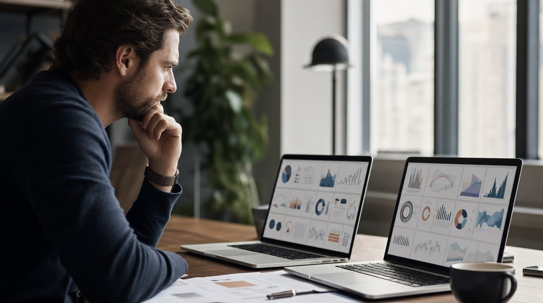 Marketing strategist at a desk comparing two laptop dashboards side by side