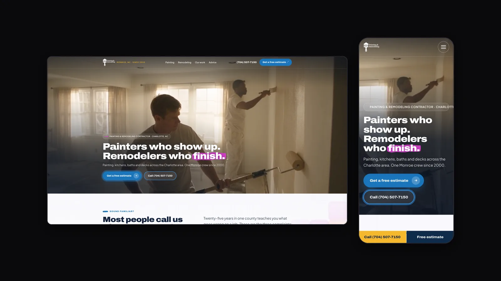 The new Chris' Painting and Remodeling website shown on a desktop screen and a phone, side by side