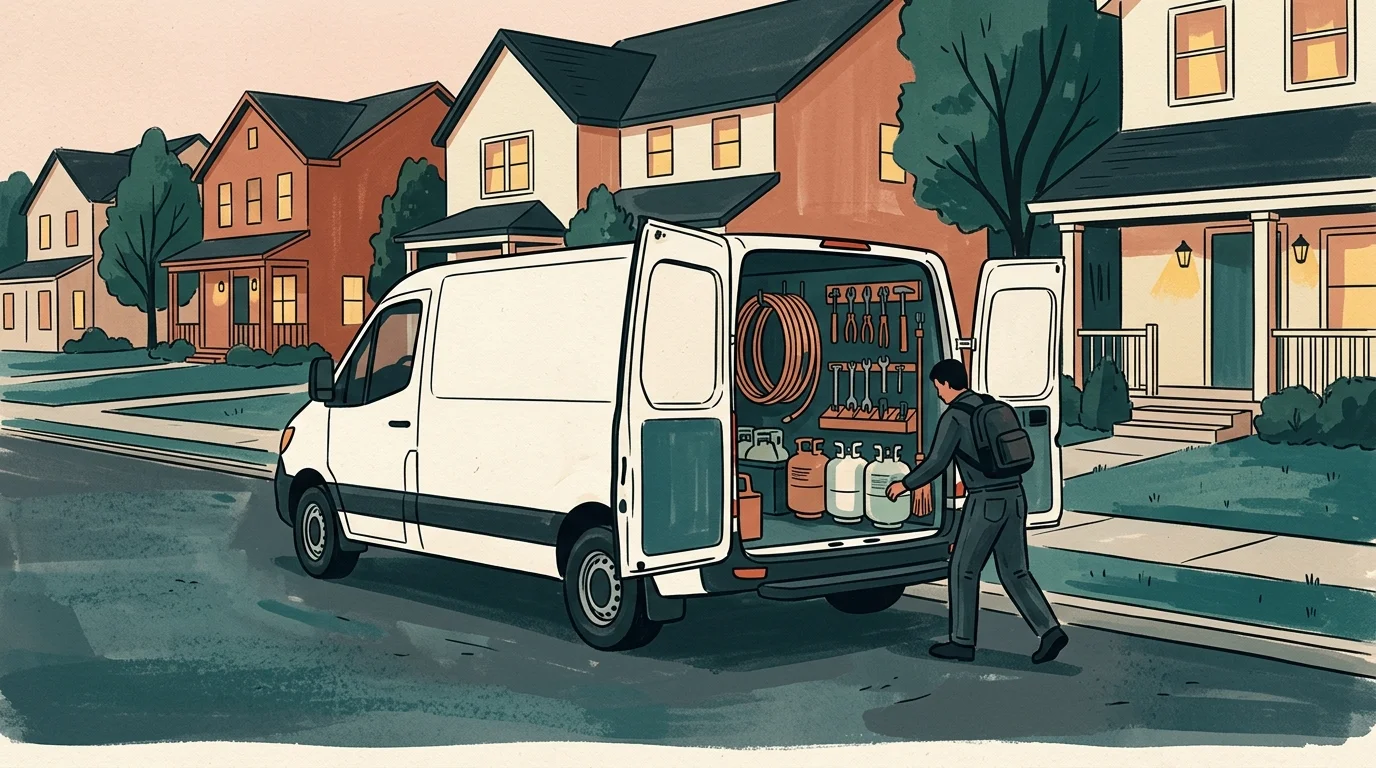 Illustration of a tradesman unloading tools from a white service van