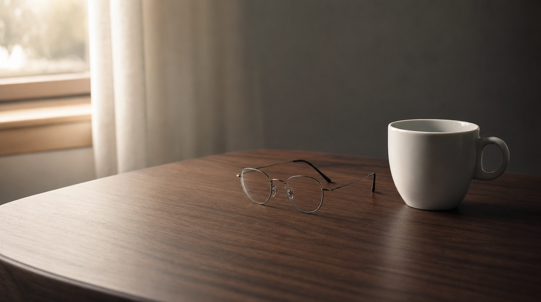 Reading glasses and a white cup on a bare walnut table by a window