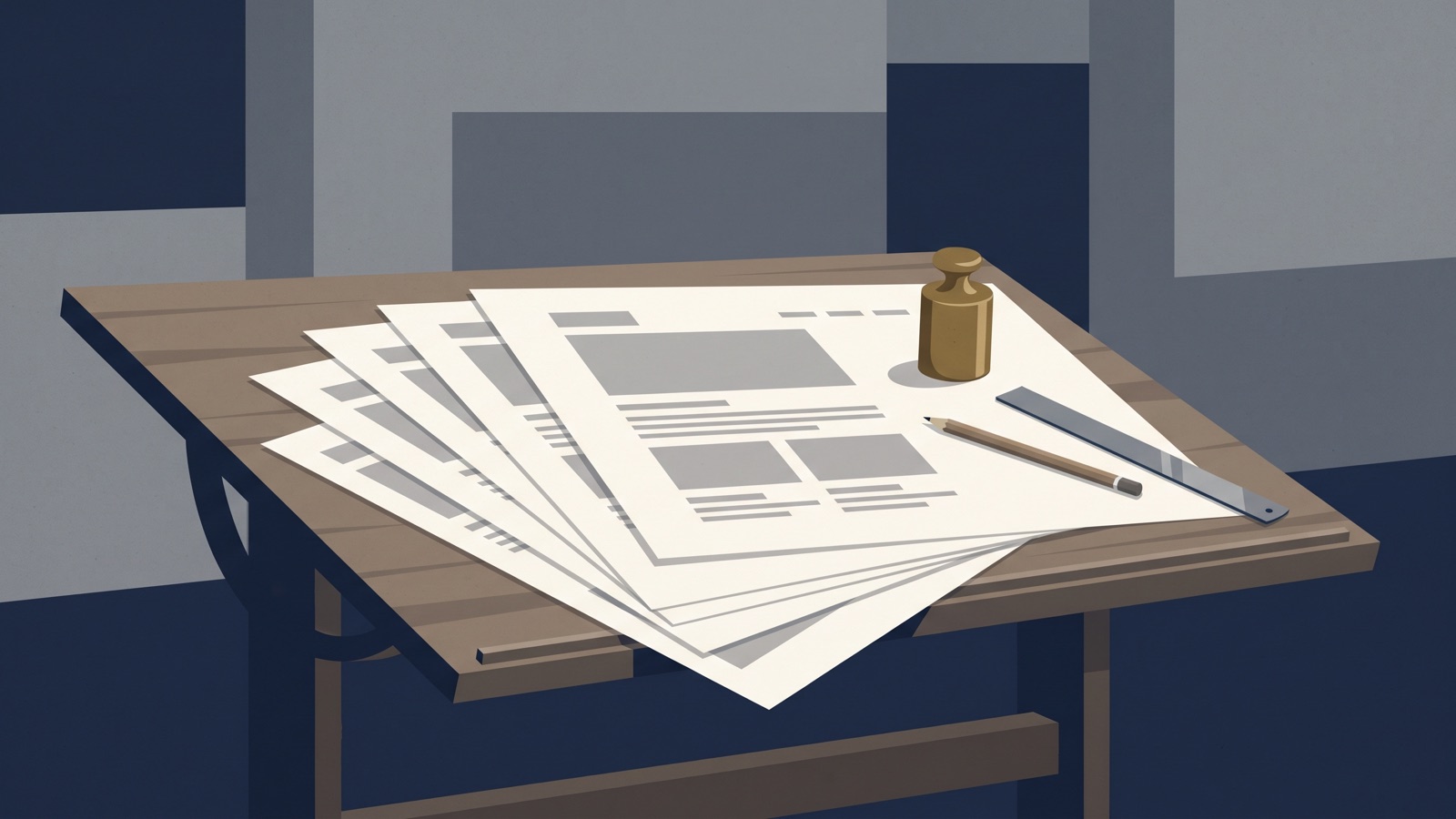 Blank website page layouts fanned across a drafting table beside a brass scale weight