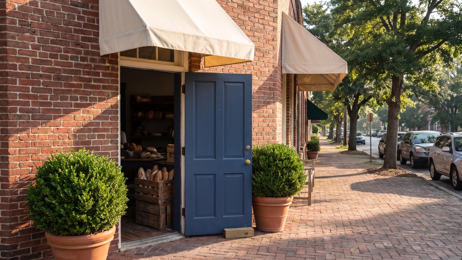 Brick bakery storefront with cream awning and bread crates by the open door