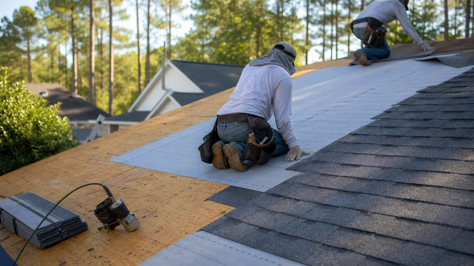 Two roofers laying architectural shingles over underlayment on a partly stripped suburban roof
