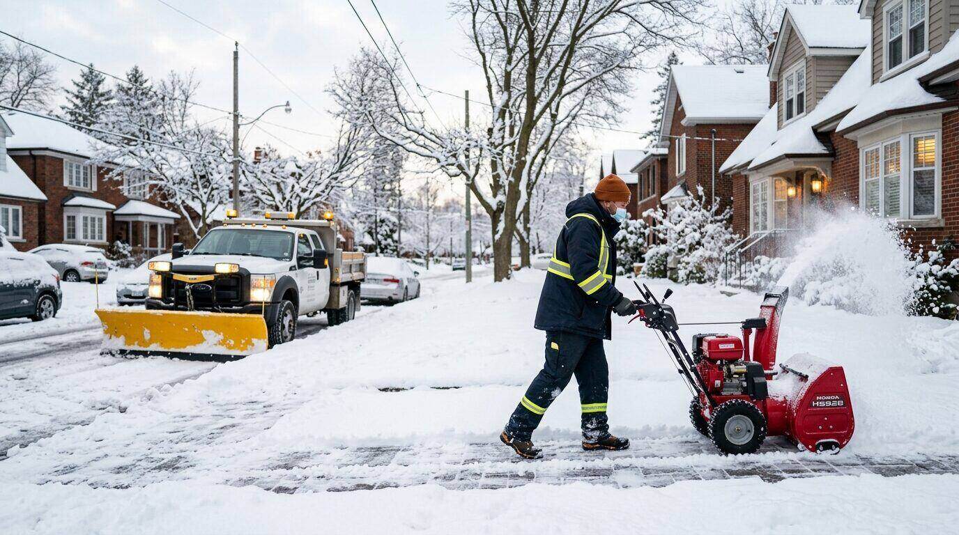 Worker clearing a residential driveway with a snow blower while a plow truck clears the street in a snowy Toronto-area neighbourhood
